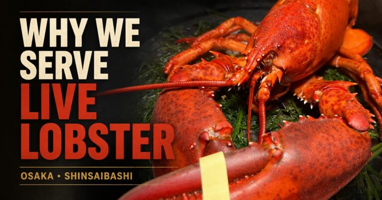 A whole lobster at Kaiebi with the words “Why We Serve Live Lobster”